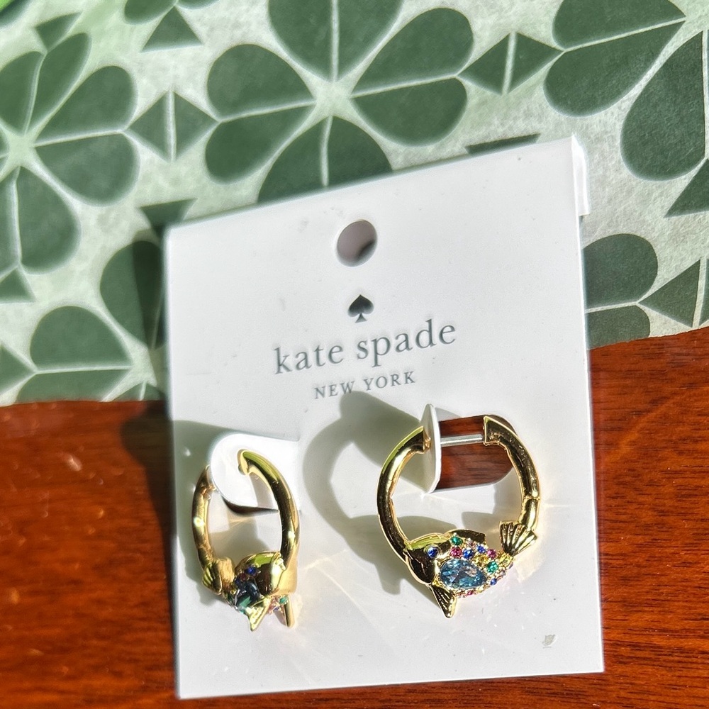 Kate Spade Huggies “what a catch” earrings gold tone blue and colored stones